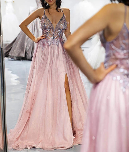 Sparkling and shiny Side Slit 3D Beaded Prom Dress