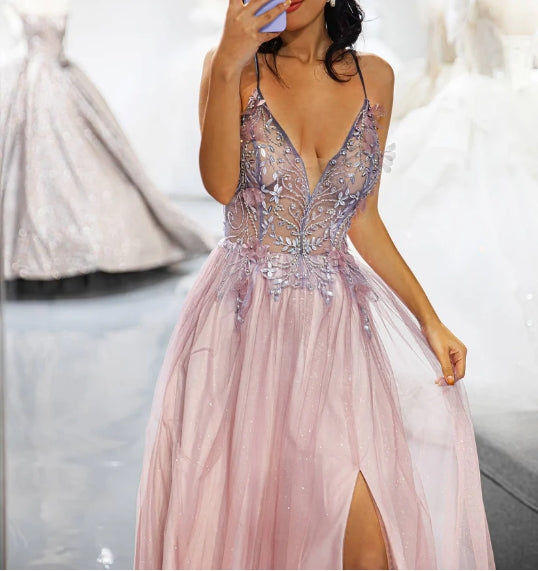 Sparkling and shiny Side Slit 3D Beaded Prom Dress