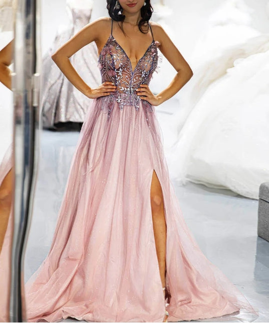 Sparkling and shiny Side Slit 3D Beaded Prom Dress