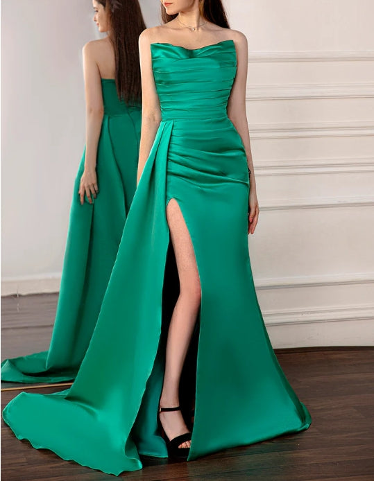Green Strapless Ruched Prom Dress