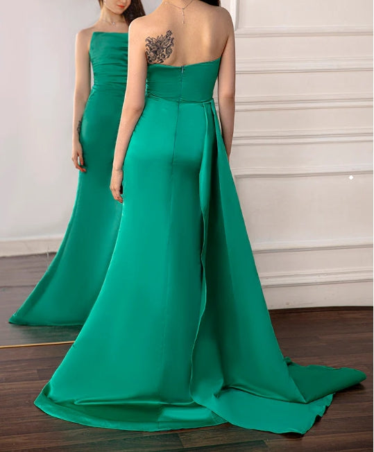 Green Strapless Ruched Prom Dress