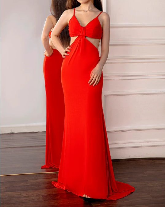 Simple and elegant Open Back Red Prom Dress