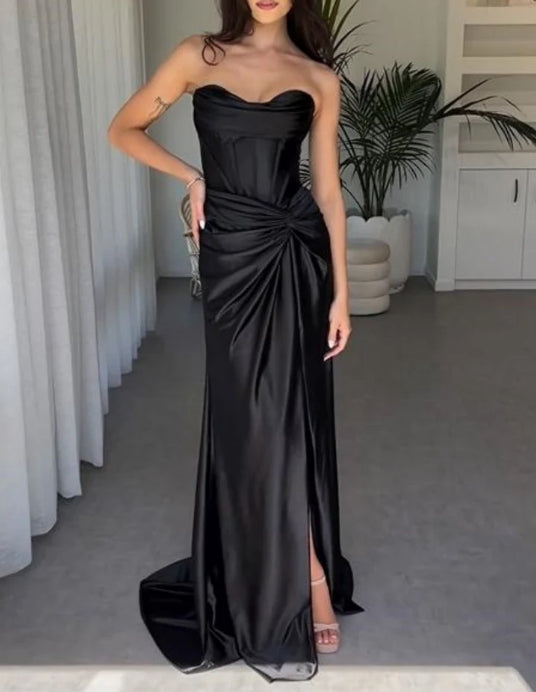 Ruched Black Prom Dress with Slit