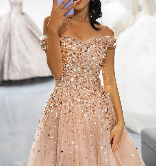 Off the Shoulder Beaded Prom Dress