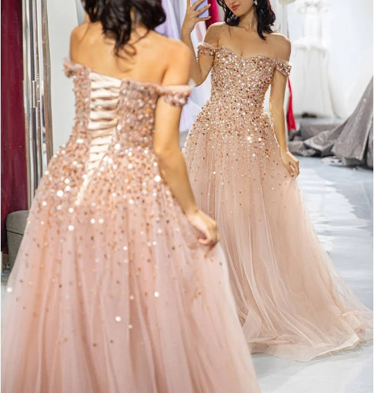 Off the Shoulder Beaded Prom Dress