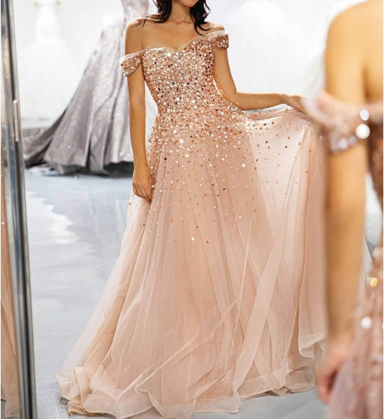 Off the Shoulder Beaded Prom Dress