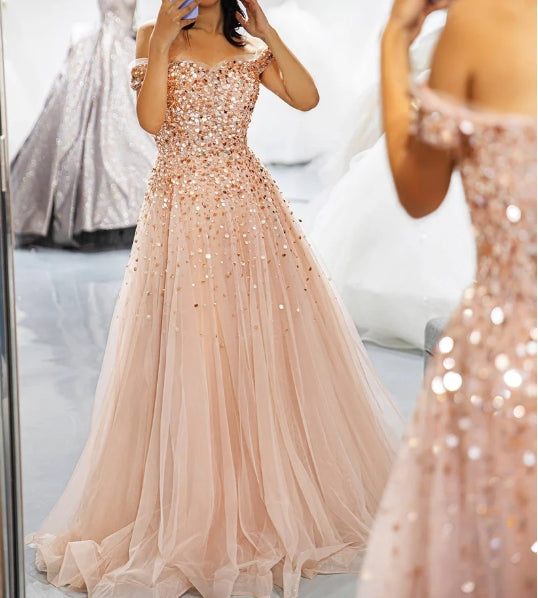 Off the Shoulder Beaded Prom Dress