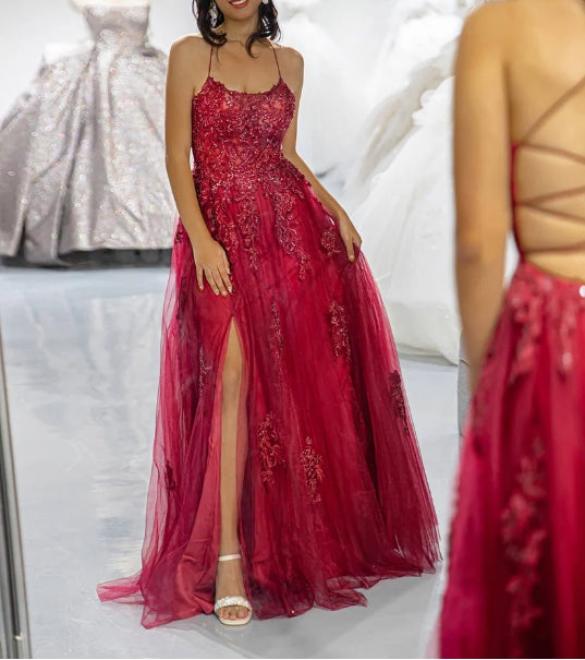 Burgundy Open Back Prom Dress