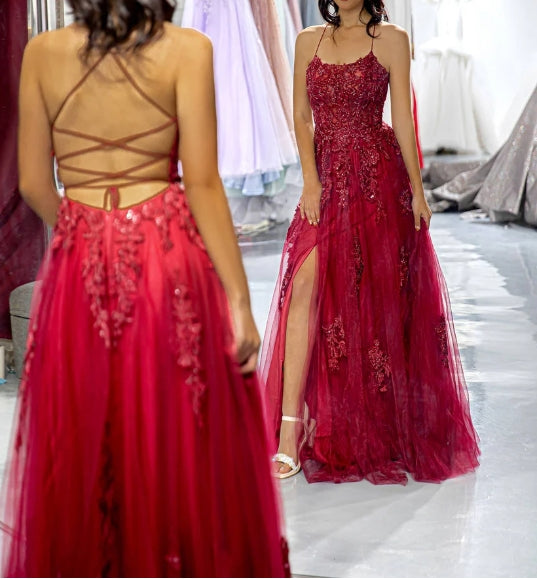 Burgundy Open Back Prom Dress
