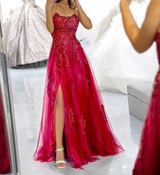 Burgundy Open Back Prom Dress