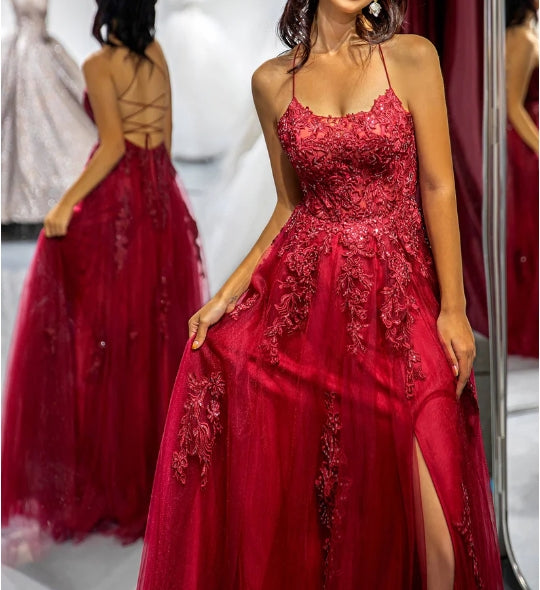 Burgundy Open Back Prom Dress
