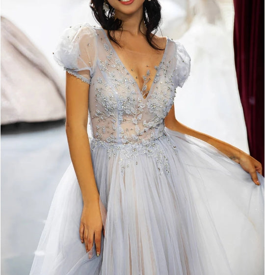 3D Beaded Prom Dress with Sleeves