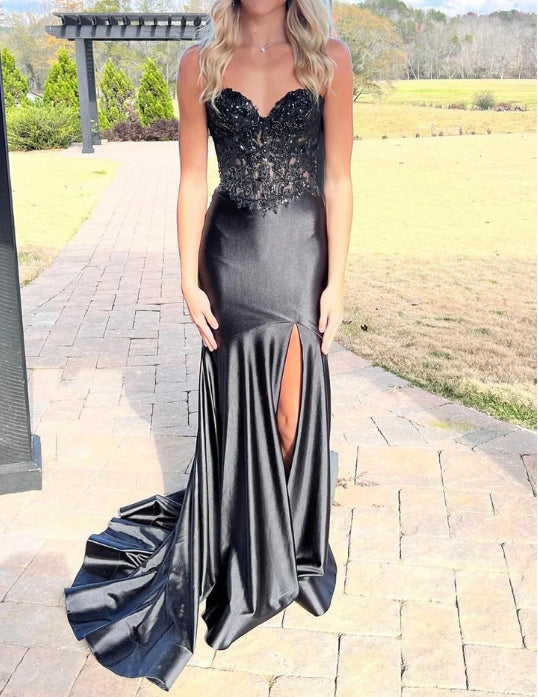 Sweetheart Lace Satin Black Prom Dress