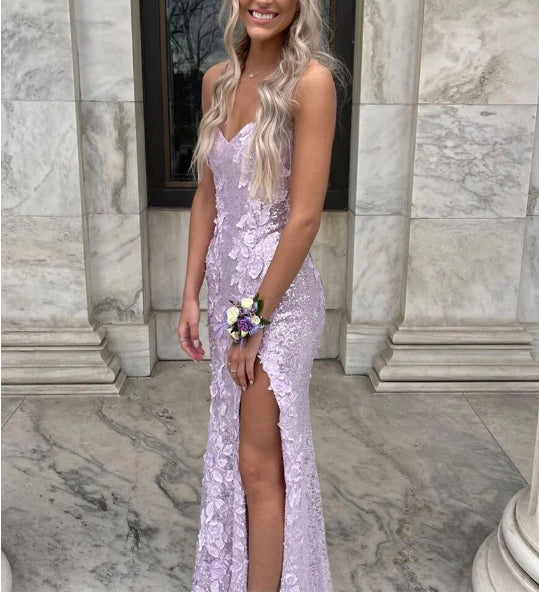Sequin Side Slit Prom Dress with 3D Flowers