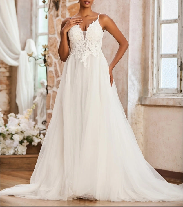 Spaghetti Straps Plunging V-Neck Lace Bodice Wedding Dress