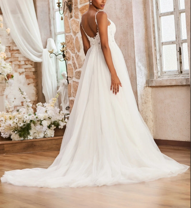 Spaghetti Straps Plunging V-Neck Lace Bodice Wedding Dress