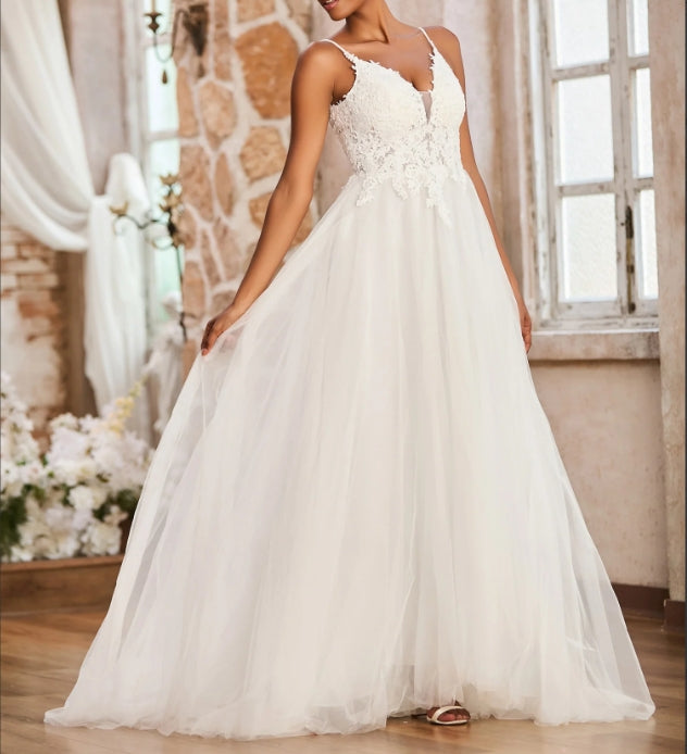 Spaghetti Straps Plunging V-Neck Lace Bodice Wedding Dress