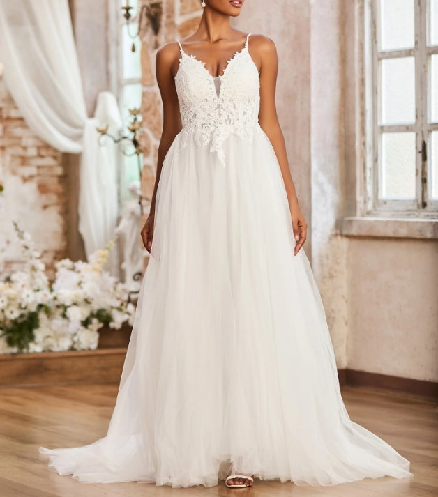 Spaghetti Straps Plunging V-Neck Lace Bodice Wedding Dress