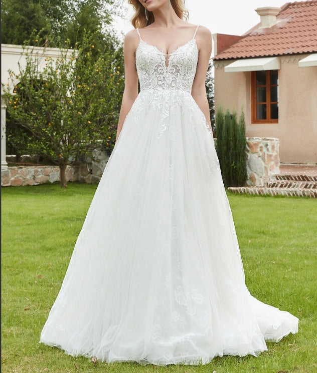 Spaghetti Straps Plunging V-Neck Backless Bridal Gown