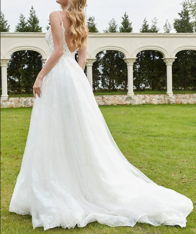 Spaghetti Straps Plunging V-Neck Backless Bridal Gown