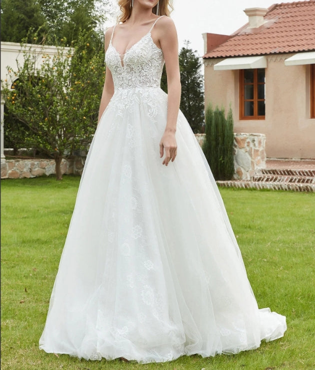 Spaghetti Straps Plunging V-Neck Backless Bridal Gown