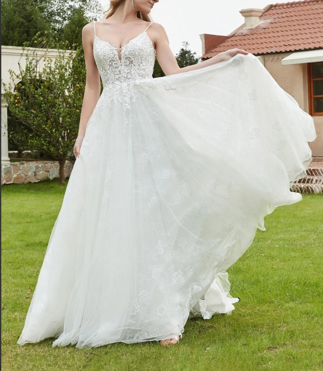 Spaghetti Straps Plunging V-Neck Backless Bridal Gown