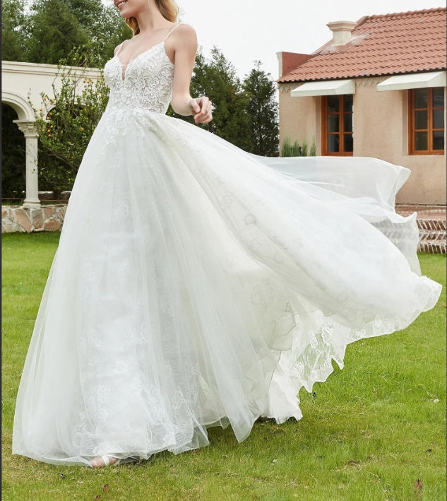 Spaghetti Straps Plunging V-Neck Backless Bridal Gown