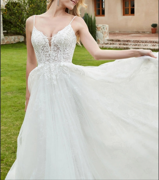 Spaghetti Straps Plunging V-Neck Backless Bridal Gown