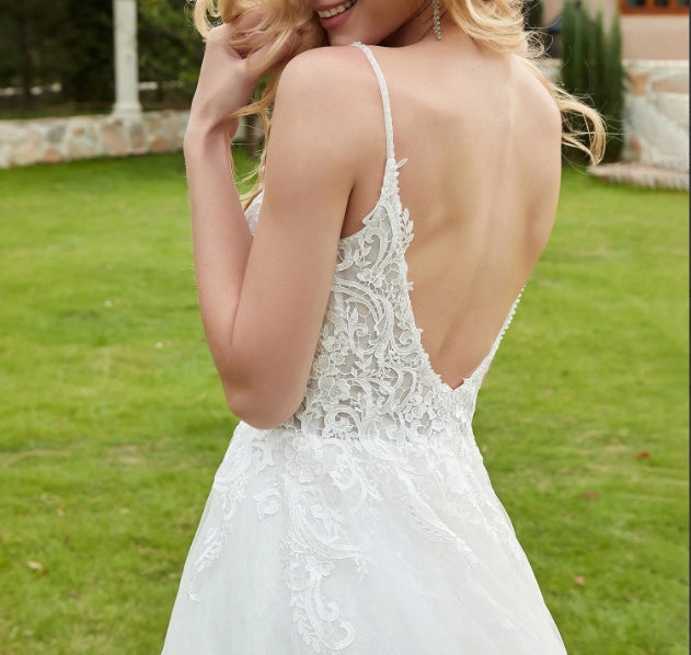 Spaghetti Straps Plunging V-Neck Backless Bridal Gown
