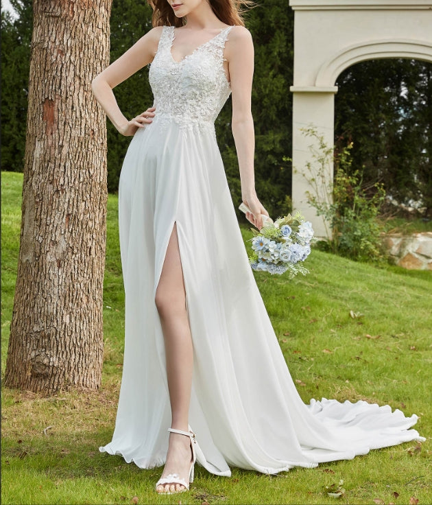 Lace V-neck Chiffon Wedding Dress With Slit