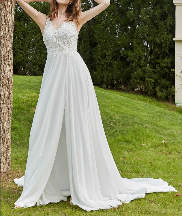 Lace V-neck Chiffon Wedding Dress With Slit