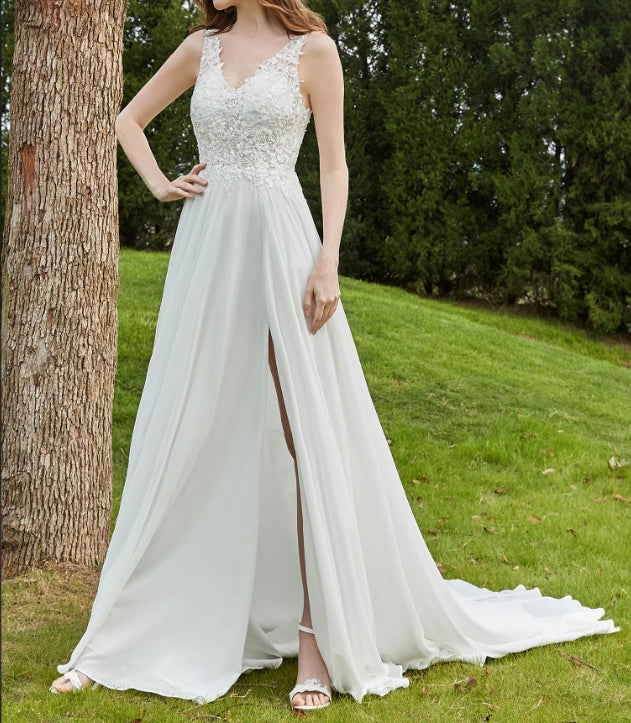 Lace V-neck Chiffon Wedding Dress With Slit