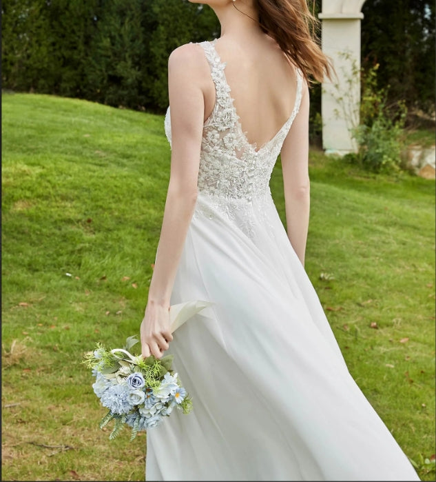 Lace V-neck Chiffon Wedding Dress With Slit