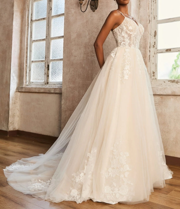 Spaghetti Straps V-Neck Lace Bodice Appliques Wedding Dress