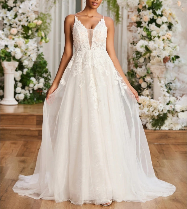 Appliqued Plunging V-neck Spaghetti Straps Wedding Dress