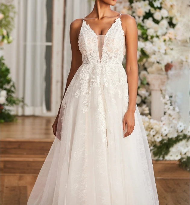 Appliqued Plunging V-neck Spaghetti Straps Wedding Dress