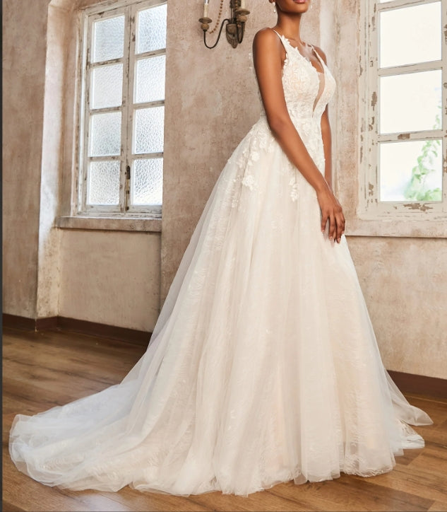 Appliqued Plunging V-neck Spaghetti Straps Wedding Dress