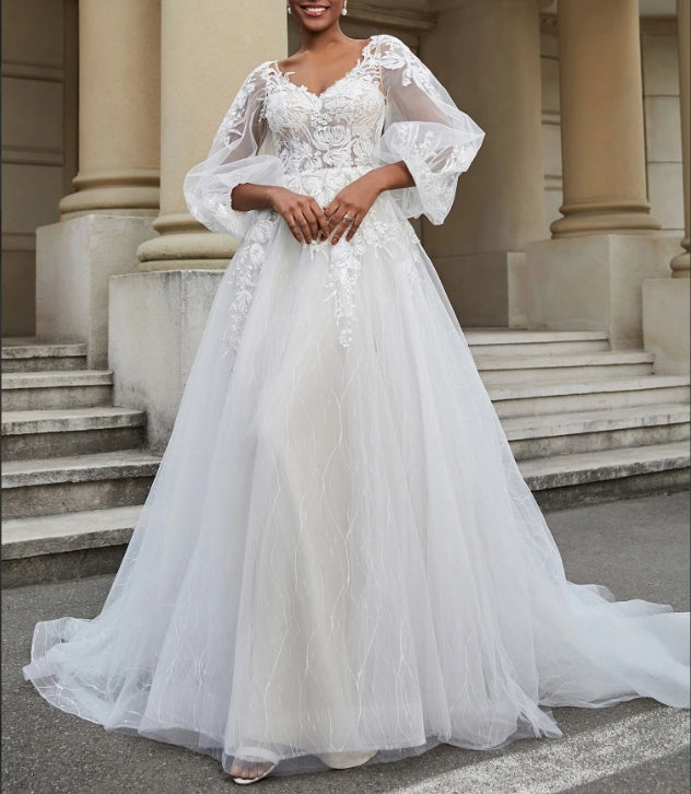 Open Back Long Sleeve Tulle Wedding Dress