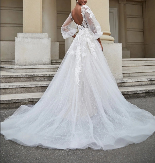 Open Back Long Sleeve Tulle Wedding Dress