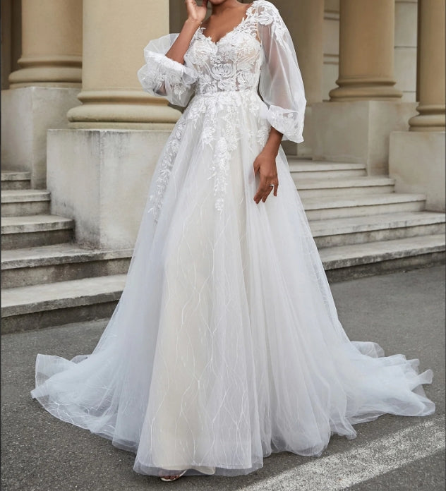 Open Back Long Sleeve Tulle Wedding Dress
