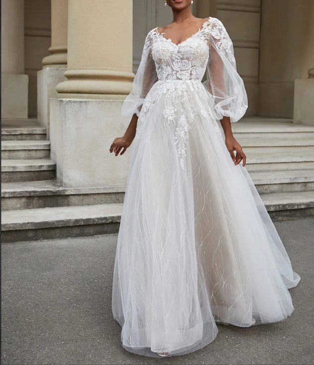 Open Back Long Sleeve Tulle Wedding Dress