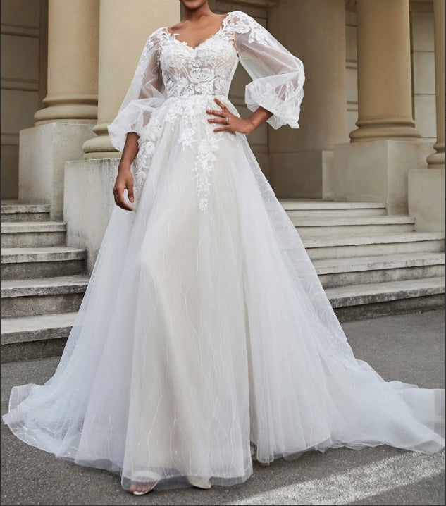 Open Back Long Sleeve Tulle Wedding Dress