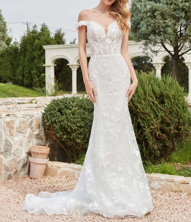 Off-the-shoulder Appliqued Sheath Lace Bridal Gown