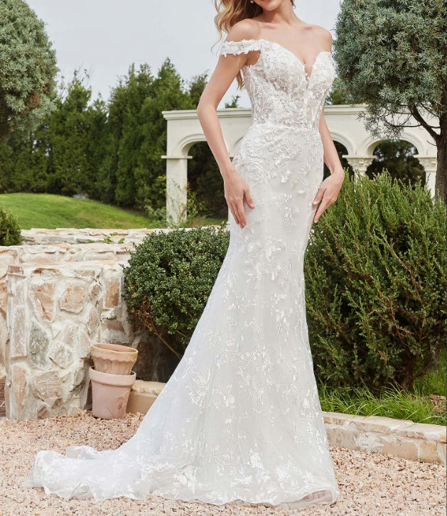 Off-the-shoulder Appliqued Sheath Lace Bridal Gown