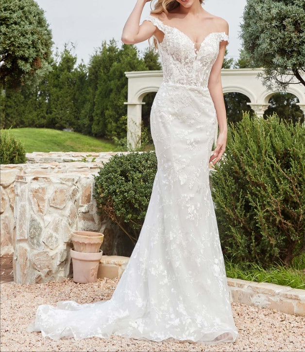 Off-the-shoulder Appliqued Sheath Lace Bridal Gown