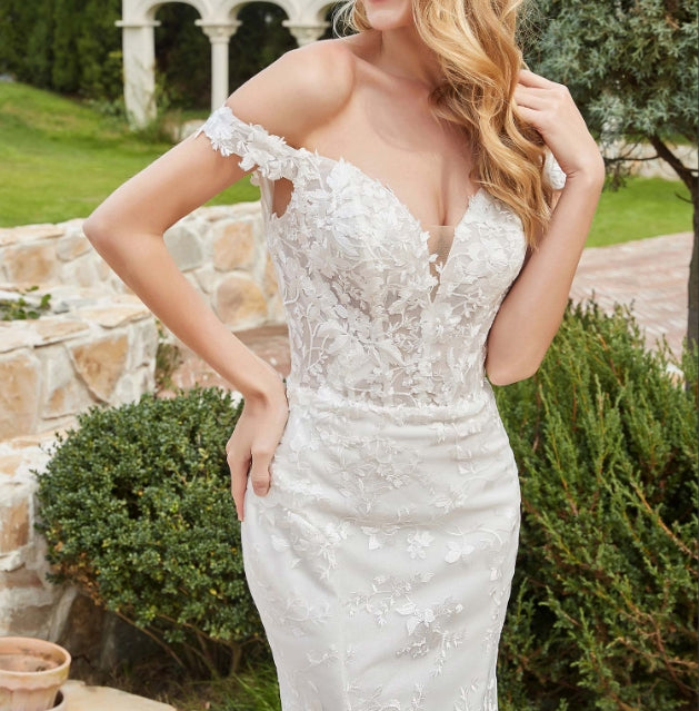 Off-the-shoulder Appliqued Sheath Lace Bridal Gown