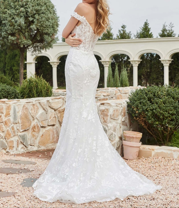 Off-the-shoulder Appliqued Sheath Lace Bridal Gown