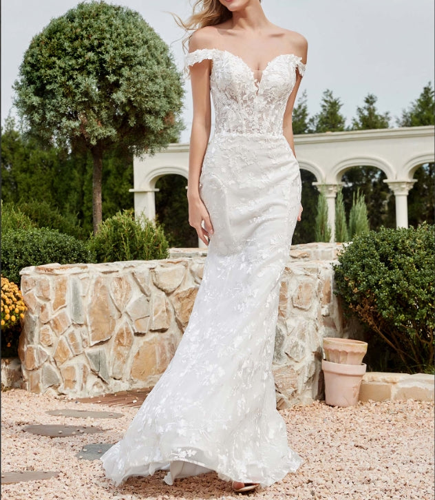 Off-the-shoulder Appliqued Sheath Lace Bridal Gown