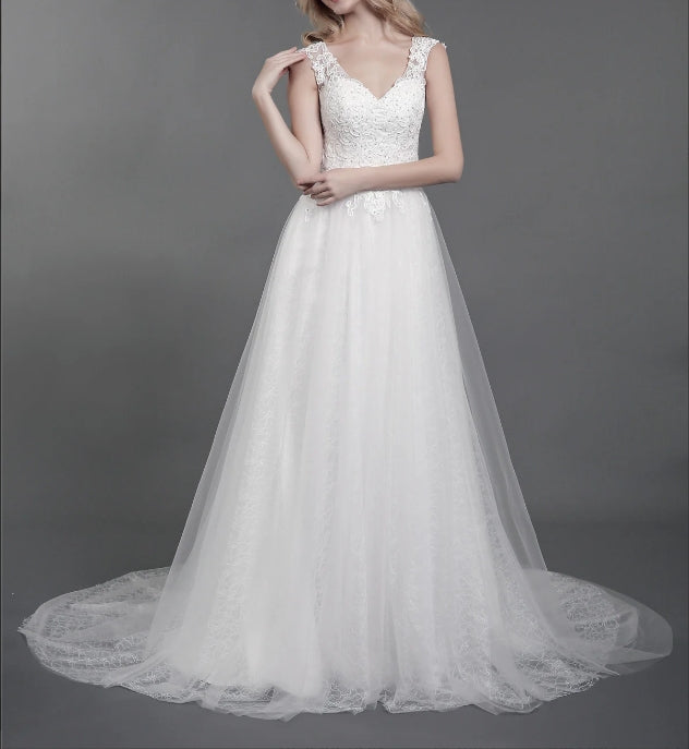 Shoulder Strap Lace Wedding Gown with Train