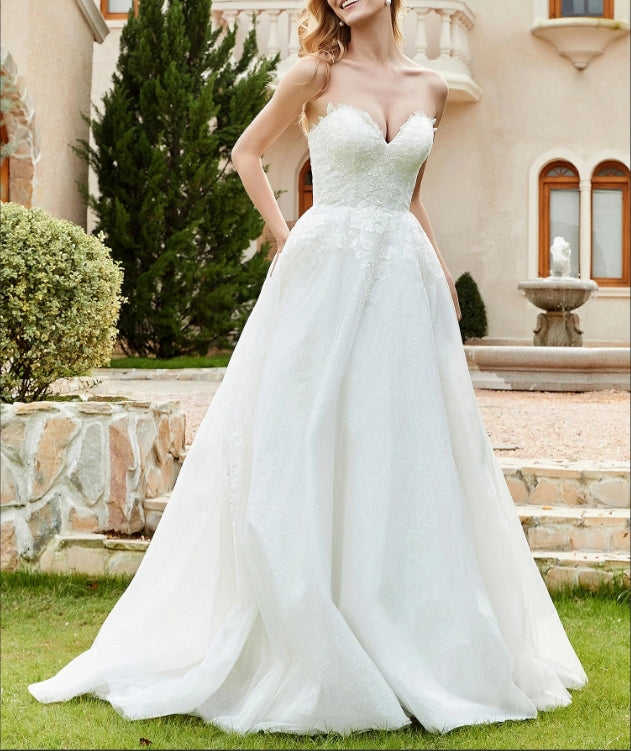 Sweetheart Lace Ruched Sweep Train Wedding Dress
